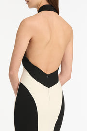 IVORY AND BLACK CREPE PANEL GOWN