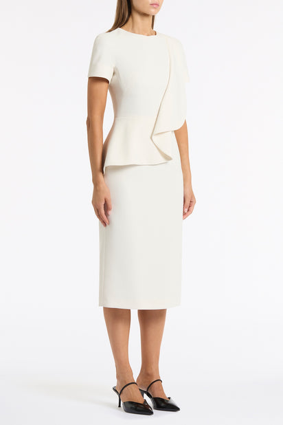 IVORY CREPE DRAPE PEPLUM MIDI DRESS