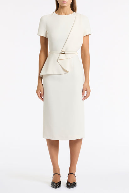 IVORY CREPE DRAPE PEPLUM MIDI DRESS
