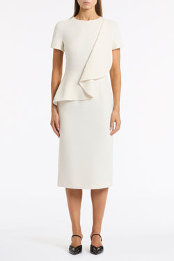 IVORY CREPE DRAPE PEPLUM MIDI DRESS