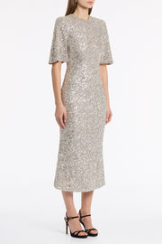 IVORY CRUSHED SEQUIN BELL SLEEVE MIDI DRESS