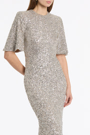IVORY CRUSHED SEQUIN BELL SLEEVE MIDI DRESS