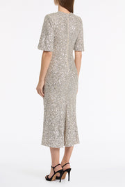IVORY CRUSHED SEQUIN BELL SLEEVE MIDI DRESS