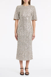 IVORY CRUSHED SEQUIN BELL SLEEVE MIDI DRESS