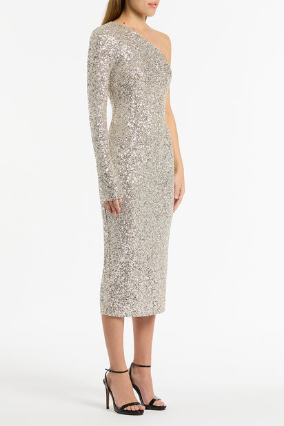 IVORY CRUSHED SEQUIN FITTED DRESS