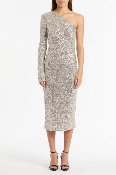 IVORY CRUSHED SEQUIN FITTED DRESS