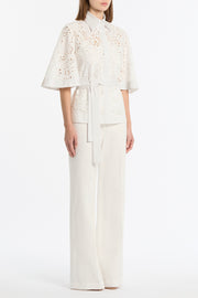 IVORY LACE BRODERIE FLUTED SLEEVE TIE TOP