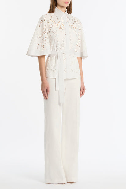 IVORY LACE BRODERIE FLUTED SLEEVE TIE TOP