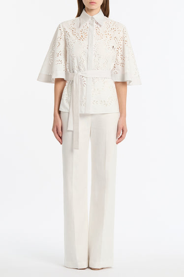 IVORY LACE BRODERIE FLUTED SLEEVE TIE TOP