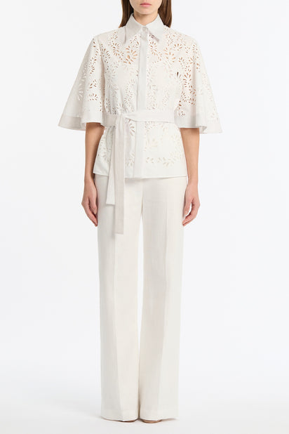 IVORY LACE BRODERIE FLUTED SLEEVE TIE TOP