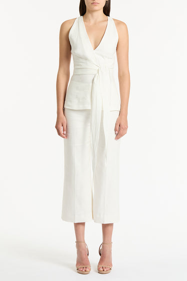 IVORY LINEN WAISTED CROP PANT