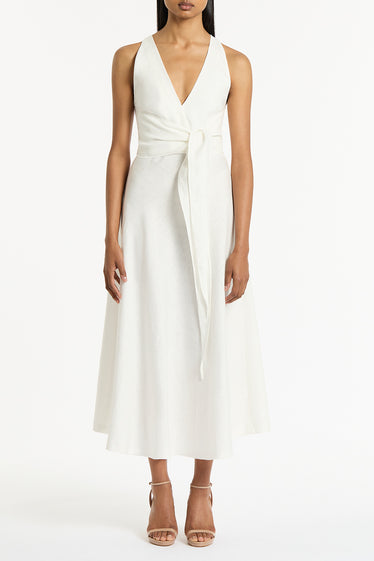 IVORY LINEN V-NECK WRAP DRESS