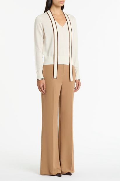 IVORY MERINO TIPPED TIE NECK KNIT TOP