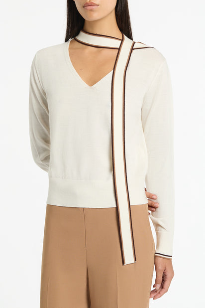 IVORY MERINO TIPPED TIE NECK KNIT TOP