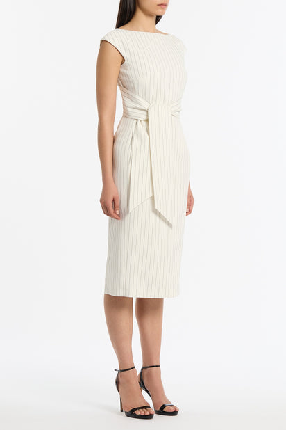 IVORY PINSTRIPE LINEN TIE WAIST MIDI DRESS