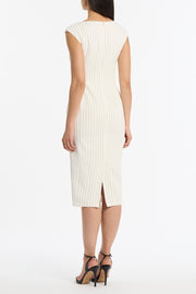 IVORY PINSTRIPE LINEN TIE WAIST MIDI DRESS