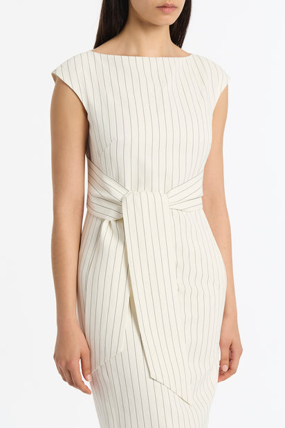 IVORY PINSTRIPE LINEN TIE WAIST MIDI DRESS