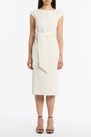 IVORY PINSTRIPE LINEN TIE WAIST MIDI DRESS