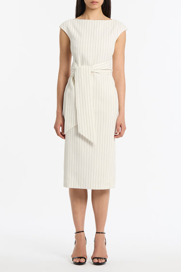 IVORY PINSTRIPE LINEN TIE WAIST MIDI DRESS