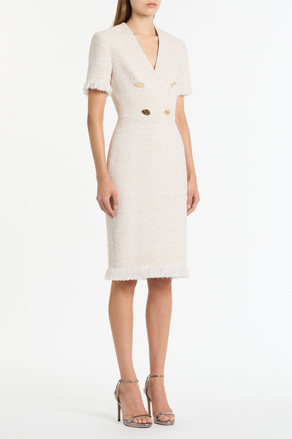 IVORY TWEED FRINGE MIDI DRESS
