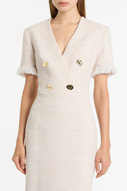 IVORY TWEED FRINGE MIDI DRESS