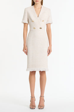 IVORY TWEED FRINGE MIDI DRESS