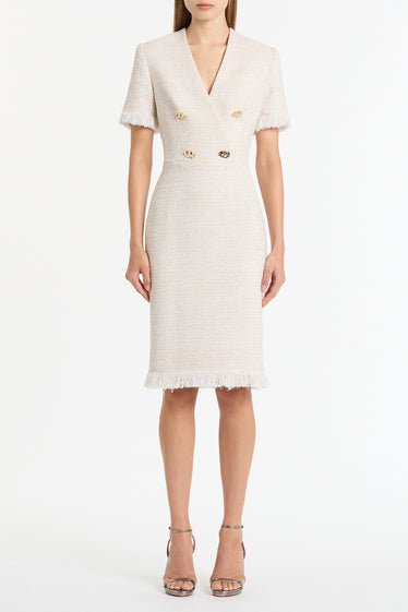 IVORY TWEED FRINGE MIDI DRESS