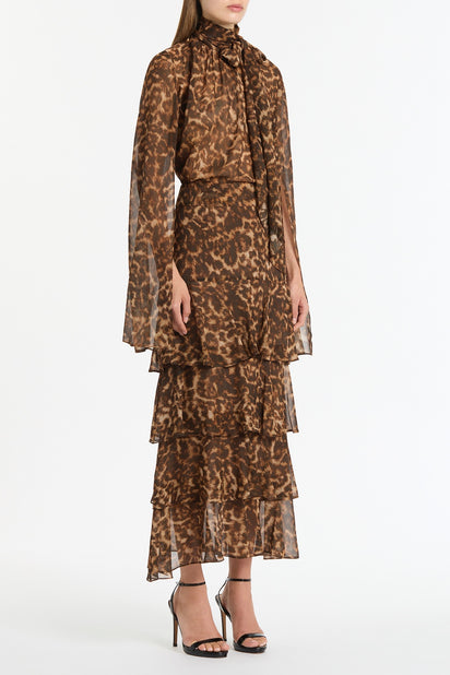 LEOPARD SILK TIERED MAXI SKIRT