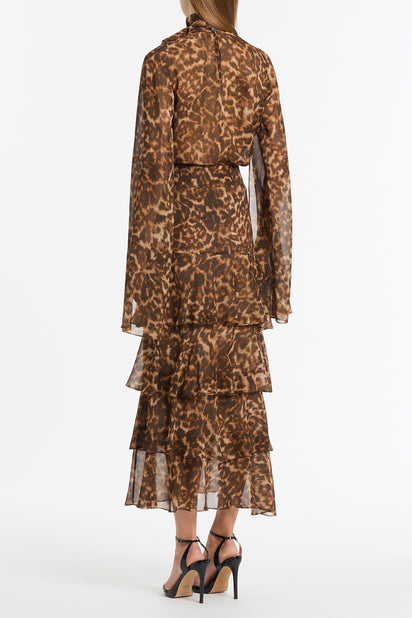 LEOPARD SILK TIERED MAXI SKIRT