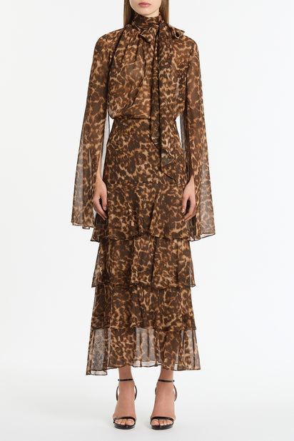 LEOPARD SILK TIERED MAXI SKIRT