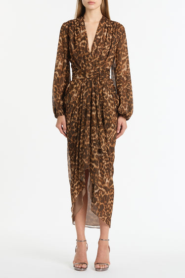 LEOPARD SILK WATERFALL DRESS