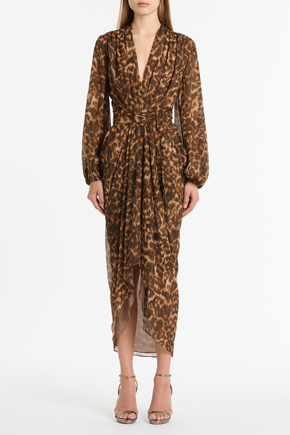 LEOPARD SILK WATERFALL DRESS