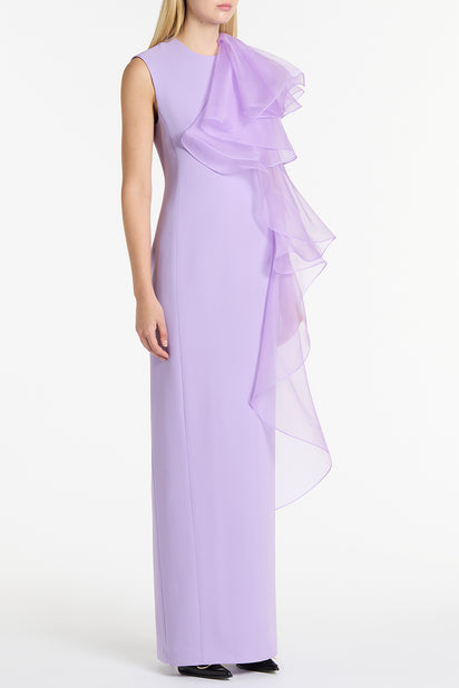 LILAC CREPE RUFFLE SHOULDER GOWN