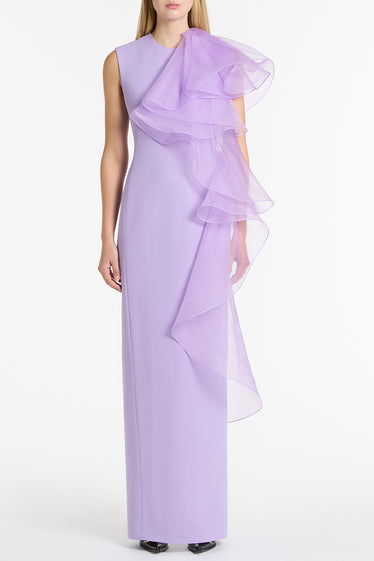LILAC CREPE RUFFLE SHOULDER GOWN
