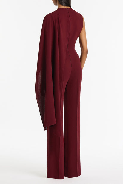 MERLOT CREPE CASCADE JUMPSUIT