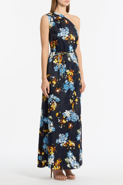 MIDNIGHT BOTANICA VISCOSE TWILL ONE SHOULDER DRESS