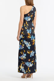MIDNIGHT BOTANICA VISCOSE TWILL ONE SHOULDER DRESS