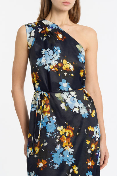 MIDNIGHT BOTANICA VISCOSE TWILL ONE SHOULDER DRESS