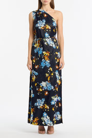 MIDNIGHT BOTANICA VISCOSE TWILL ONE SHOULDER DRESS