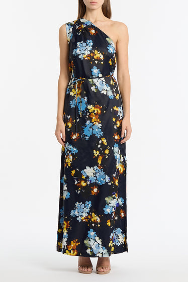 MIDNIGHT BOTANICA VISCOSE TWILL ONE SHOULDER DRESS