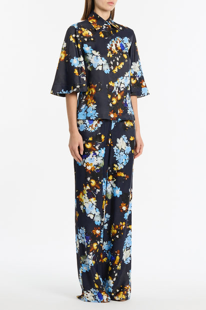 MIDNIGHT BOTANICA VISCOSE TWILL FLUTED SLEEVE SHIRT