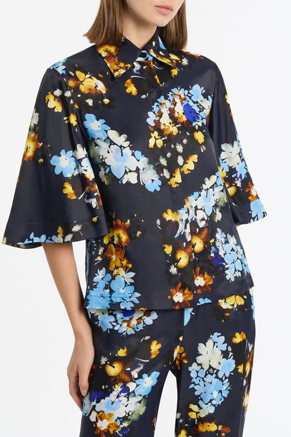 MIDNIGHT BOTANICA VISCOSE TWILL FLUTED SLEEVE SHIRT
