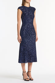 MIDNIGHT CRUSHED SEQUIN FLUTED MIDI DRESS