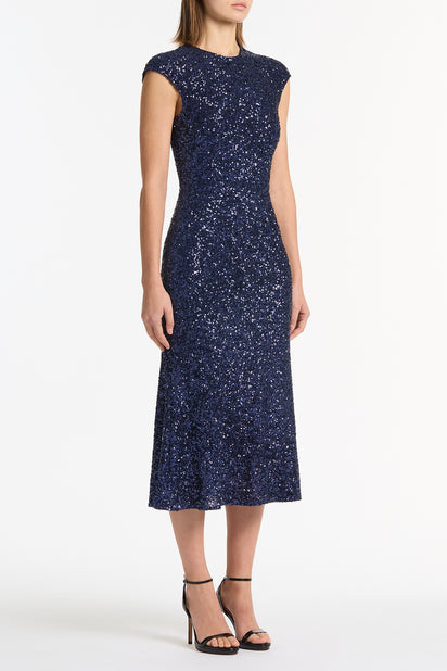 MIDNIGHT CRUSHED SEQUIN FLUTED MIDI DRESS