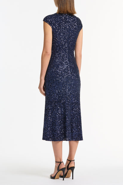 MIDNIGHT CRUSHED SEQUIN FLUTED MIDI DRESS