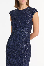 MIDNIGHT CRUSHED SEQUIN FLUTED MIDI DRESS