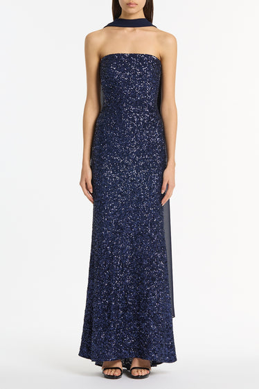 MIDNIGHT CRUSHED SEQUIN STRAPLESS GOWN