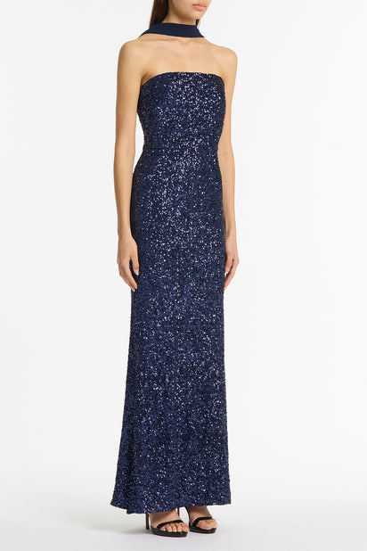 MIDNIGHT CRUSHED SEQUIN STRAPLESS GOWN