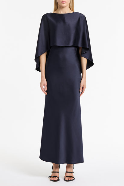 MIDNIGHT SATIN CAPE DRESS