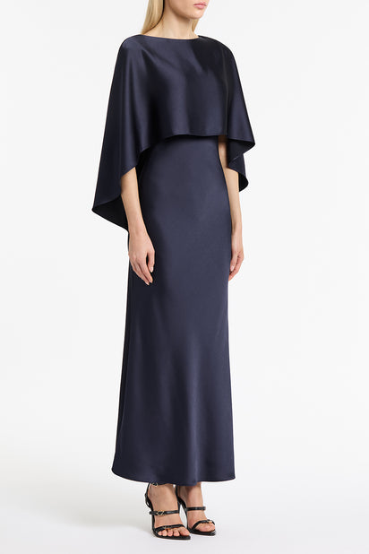MIDNIGHT SATIN CAPE DRESS